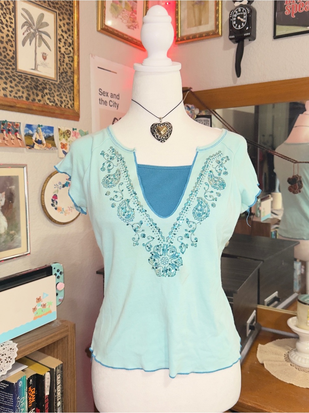 Y2K Light Blue Embroidered Scoop Neck Women’s Top